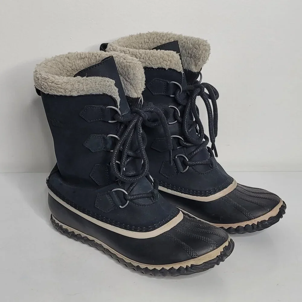 Sorel Caribou‎ Black Leather Boots Lace Up Womens 7 Faux Fur Winter NL2649-010
